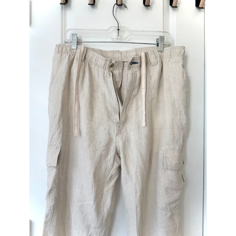 Caribbean Mens 100% Linen Cargo Pants 38x30 Beige Oatmeal Elastic Waist Relaxed